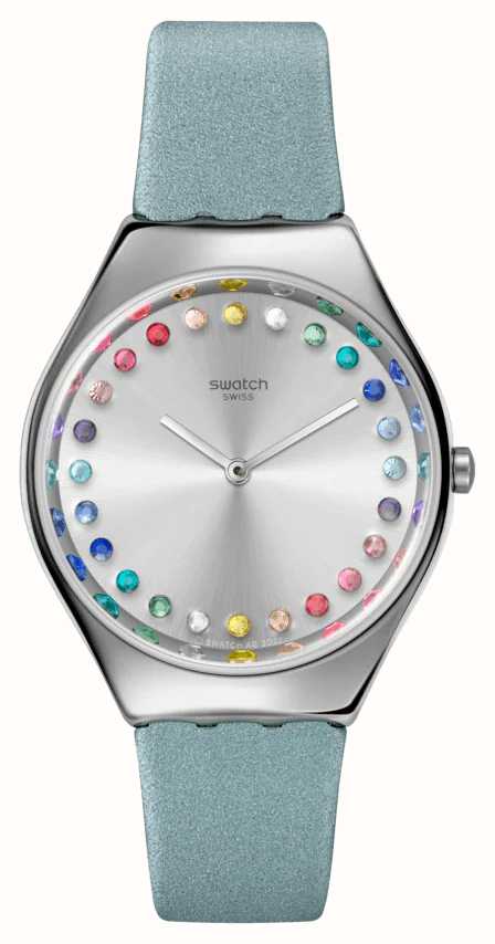 Swatch GLEAM TEAM Silver Dial Rainbow Crystal Blue Leather