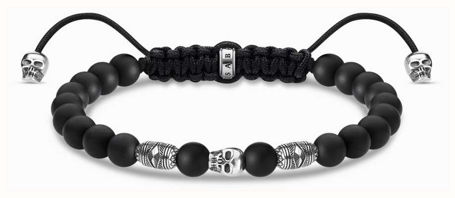 Thomas Sabo Macrame Style Drawstring Bracelet | Sterling Silver | Obsidian Beads| Skulls A1945-811-11-L22V