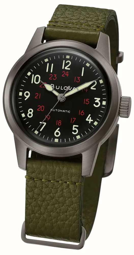 Bulova Men s Military Hack Black Dial Green Leather NATO Strap