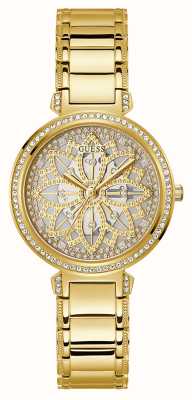 Guess Women's Gold Crystal Flower Dial Gold Tone Stainless Steel Bracelet GW0528L2