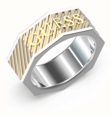 Guess Steel And Gold Plated Squared Logo Ring Size 64 JUMR03030JWYGST64