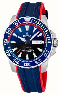 Festina Men's Diver (45mm) Blue Dial / Blue and Red Rubber Strap F20662/1