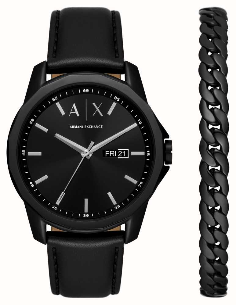 Armani Exchange Men s 44mm Black Dial Black Leather Strap With