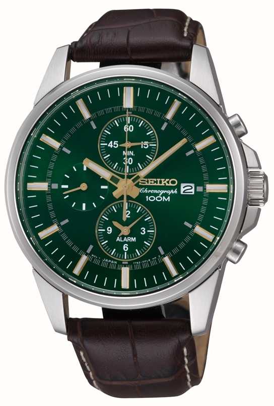 Seiko Men's Stainless Steel Green Dial Brown Leather Alarm Chrono SNAF09P1  - First Class Watches™ AUS