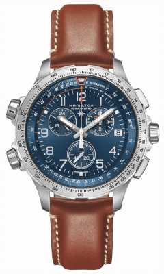 Hamilton Khaki Aviation X-Wind GMT Chronograph Quartz (46mm) Blue Dial / Brown Leather Strap H77922541