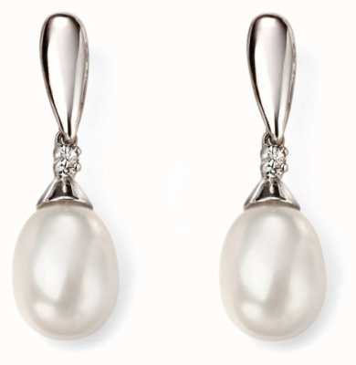 Elements Gold 9k White Gold  Diamond Pearl Drop Earrings GE2075W