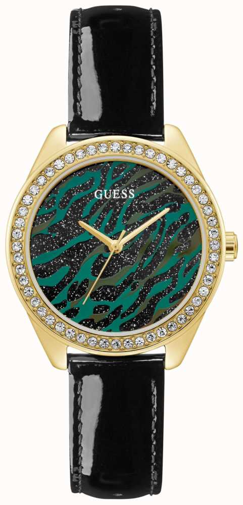 guess watch women's black leather strap