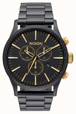 Nixon Sentry Chrono | Matte Black / Gold | Black IP Steel Bracelet | Black Dial A386-1041-00