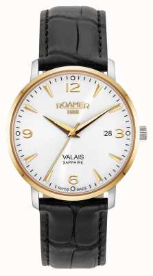 Roamer Valais Gents Silver Dial With Yellow Gold Batons Black Leather Strap 958833 47 14 05