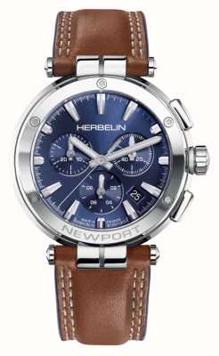 Herbelin Newport Chronograph (40.5mm) Blue Dial / Brown Leather Strap 37658AP15GD