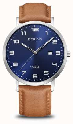 Bering Titanium | Blue Sunray Dial With Date Window | Brown Leather Strap | Brushed Titanium Case 18640-567
