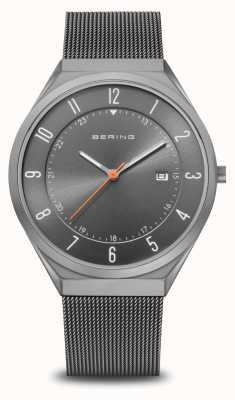 Bering Ultra Slim | Grey Sunray Dial With Date Window | Grey Milanese Strap | Polished / Brushed Grey Stainless Steel Case 18740-377