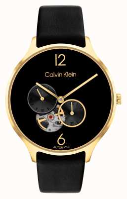 Calvin Klein Automatic Gold Plated Case Black Leather Strap 25200123