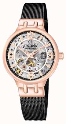 Festina Ladies Rose Gold/Black-Plated Skeleton Auto Watch W/Mesh Bracelet F20581/3