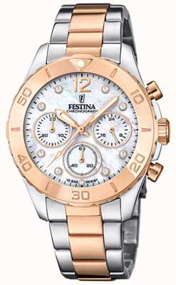 Festina Ladies Rose-Plated Chrono Watch W/Bracelet & CZ Sets F20605/1