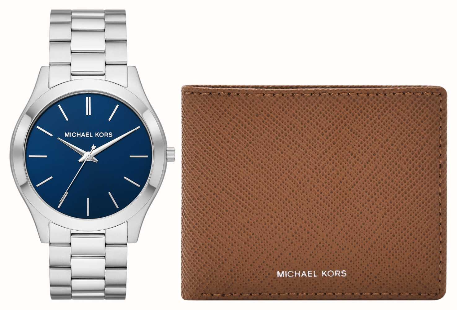 Michael Kors Slim Runway Blue Dial Steel Watch Matching Wallet